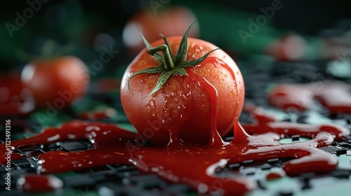 A close-up of a tomato drenched in luscious red sauce, capturing the essence of freshness, flavor, and creative culinary expression in a bold presentation. photo