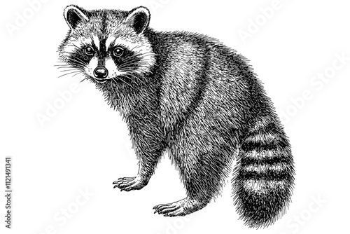 Wildlife raccoon illustration in old engraving style, trendy black sketch effect, antique art, forest animal vector print, nocturnal, white background.