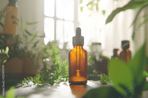 An amber dropper bottle amidst ferns on a sun-drenched table reflects the fusion of nature and calm, modern aesthetics.