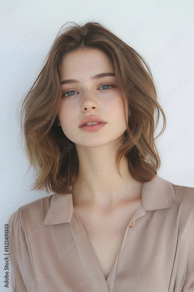 Young woman with shoulder-length wavy brown hair and light makeup wearing a beige collared shirt. Young woman with shoulder-length wavy brown hair and light makeup wearing a beige collared shirt.