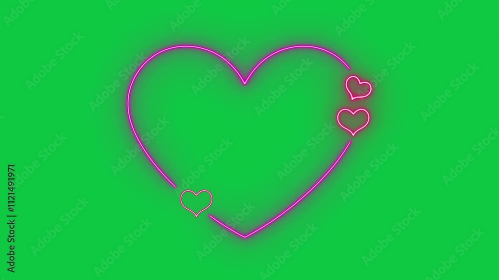 valentines day hearts and heart frame neon lights isolated on green background loop animation, romantic love overlay social media motion design element