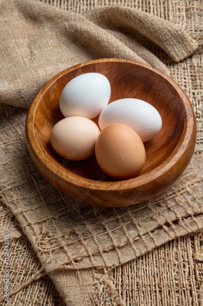 Top view of Chicken eggs three eggs on fabric are on table and in wooden plate Top view of Chicken eggs three eggs on fabric are on table and in wooden plate