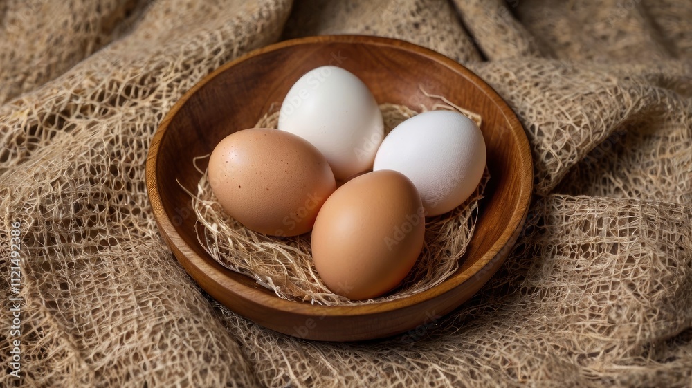 Top view of Chicken eggs three eggs on fabric are on table and in wooden plate Top view of Chicken eggs three eggs on fabric are on table and in wooden plate