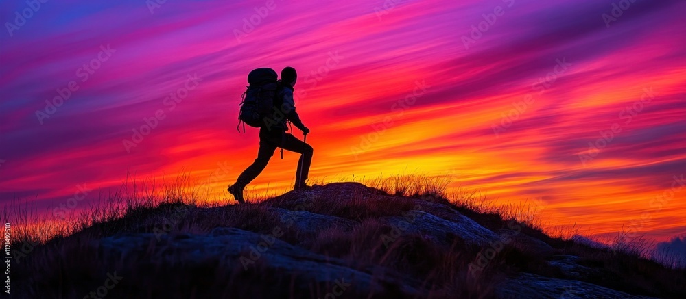 A lone hiker silhouetted against a dramatic sunset sky with vibrant, swirling colors as they make their way to the peak of a mountain. A lone hiker silhouetted against a dramatic sunset sky with vibrant, swirling colors as they make their way to the peak of a mountain.