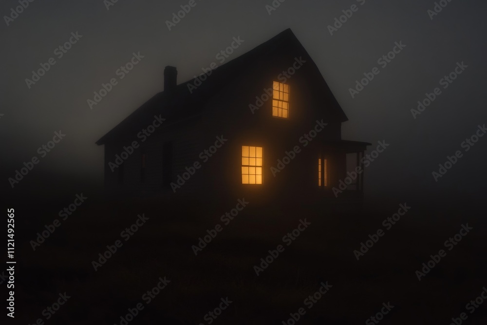 Eerie foggy night with haunted house and warm glowing windows Eerie foggy night with haunted house and warm glowing windows