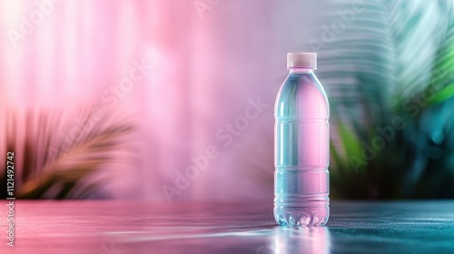 A water bottle stands prominently against a pastel backdrop, with an aura of tranquility and modern elegance, featuring hints of foliage in the background. photo