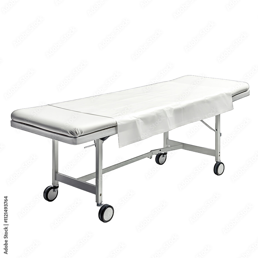 Medical examination table with a clean white surface and wheels for easy mobility isolated on transparent background cutout png Medical examination table with a clean white surface and wheels for easy mobility isolated on transparent background cutout png