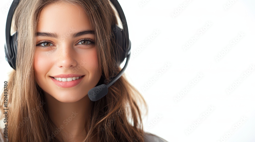 Beautiful woman providing live support as a call center agent in a bright office setting Beautiful woman providing live support as a call center agent in a bright office setting