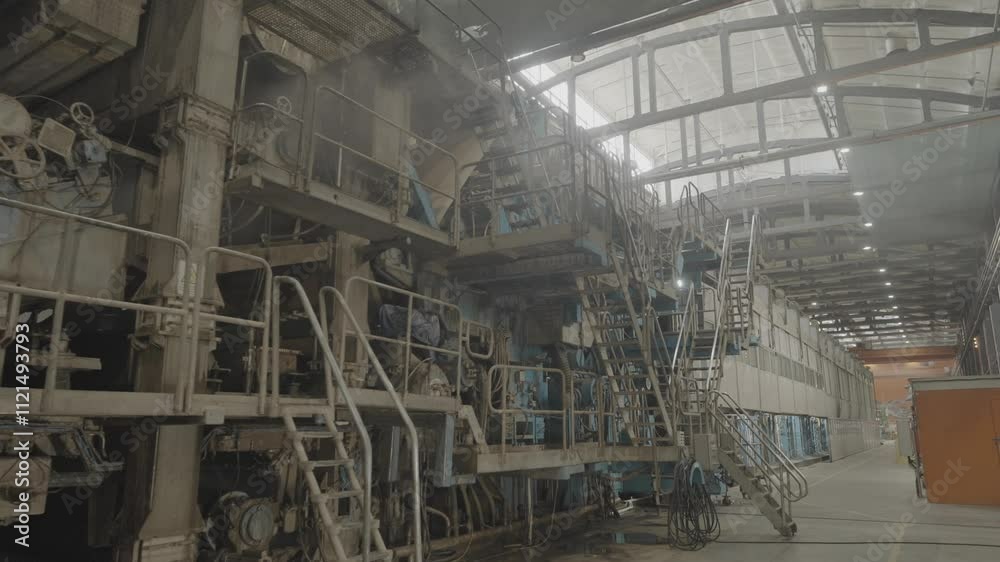 Large cardboard production workshop with steps and structures. Hall contains cardboard processing machinery and additional equipment Large cardboard production workshop with steps and structures. Hall contains cardboard processing machinery and additional equipment