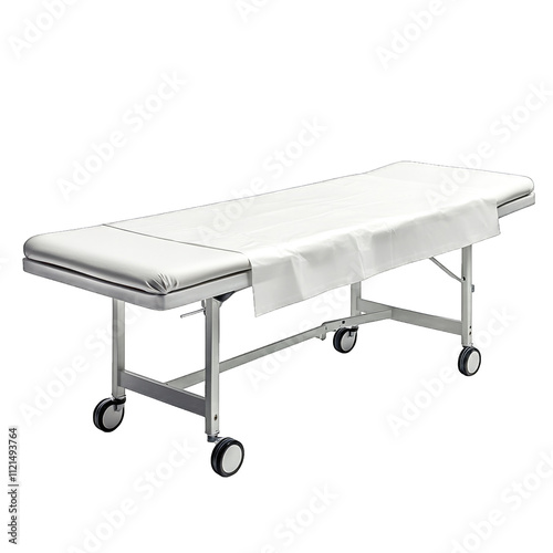 Medical examination table with a clean white surface and wheels for easy mobility isolated on transparent background cutout png