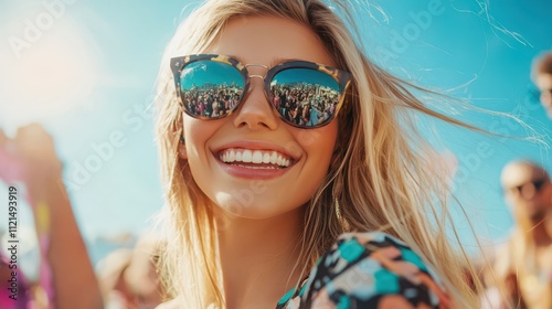 Young woman enjoying a vibrant music festival under a sunny sky with joyful crowds