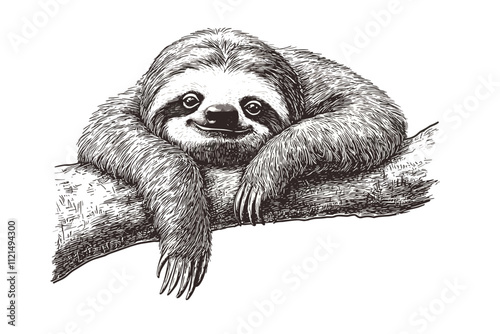 Hand-drawn sloth, black sketch effect, animal print, vintage art, old engraving style, trendy illustration, nature print, wildlife black-and-white art. photo