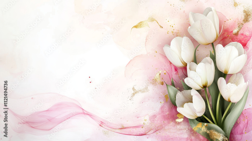 Elegant white tulips with pink watercolor splashes. Elegant white tulips with pink watercolor splashes.