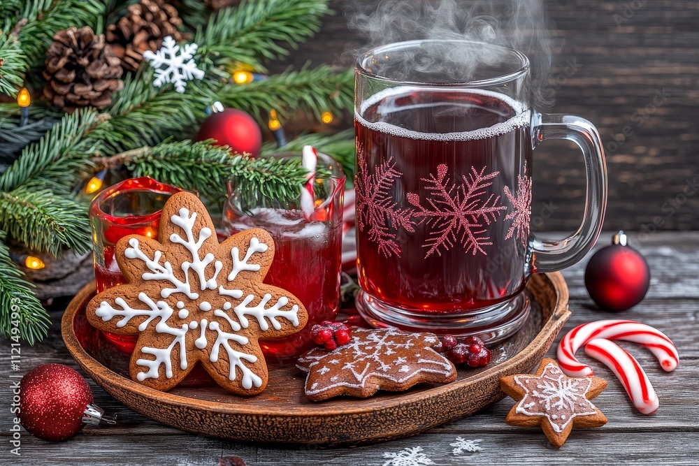 Festive Winter Scene with Hot Beverage, Snowflake Cookies, and Christmas Decorations Creating a Cozy Holiday Atmosphere for Celebrations Festive Winter Scene with Hot Beverage, Snowflake Cookies, and Christmas Decorations Creating a Cozy Holiday Atmosphere for Celebrations
