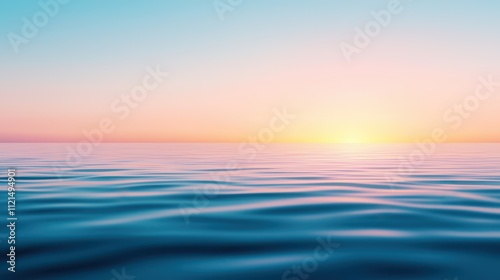 Colorful horizon at sunrise over still water blending with pastel sky