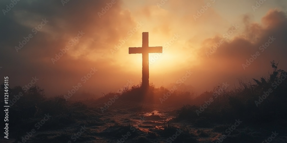 Silhouette of a Christian Cross Against a Dramatic Glowing Sky Silhouette of a Christian Cross Against a Dramatic Glowing Sky