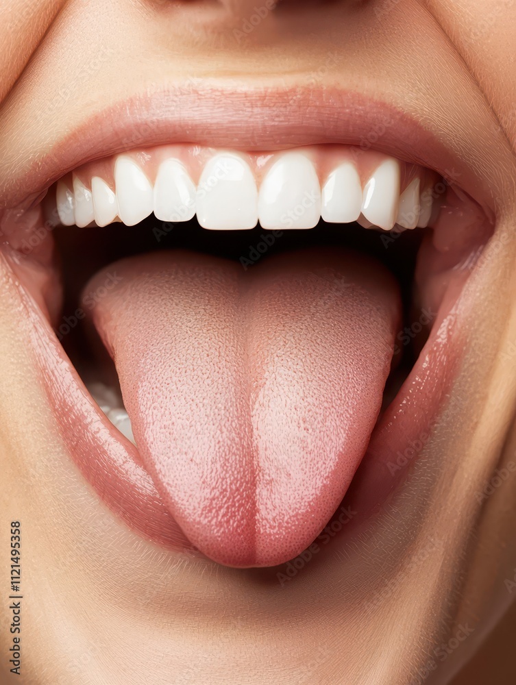 Obraz premium Funny woman playfully sticking out her tongue with a big smile in a close-up shot
