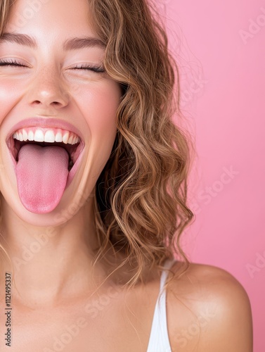 Funny woman making a silly face and showing her tongue against a pink background