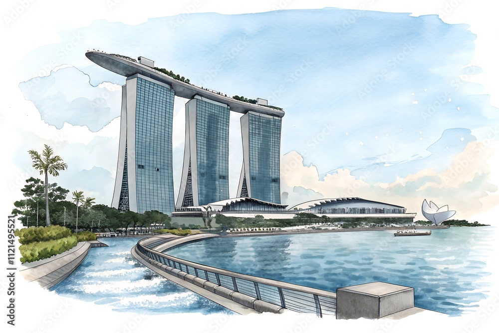 Naklejka premium Singapore building watercolor illustration