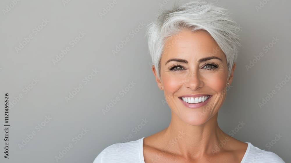 Confident middle-aged woman smiling warmly in a neutral-toned environment Confident middle-aged woman smiling warmly in a neutral-toned environment
