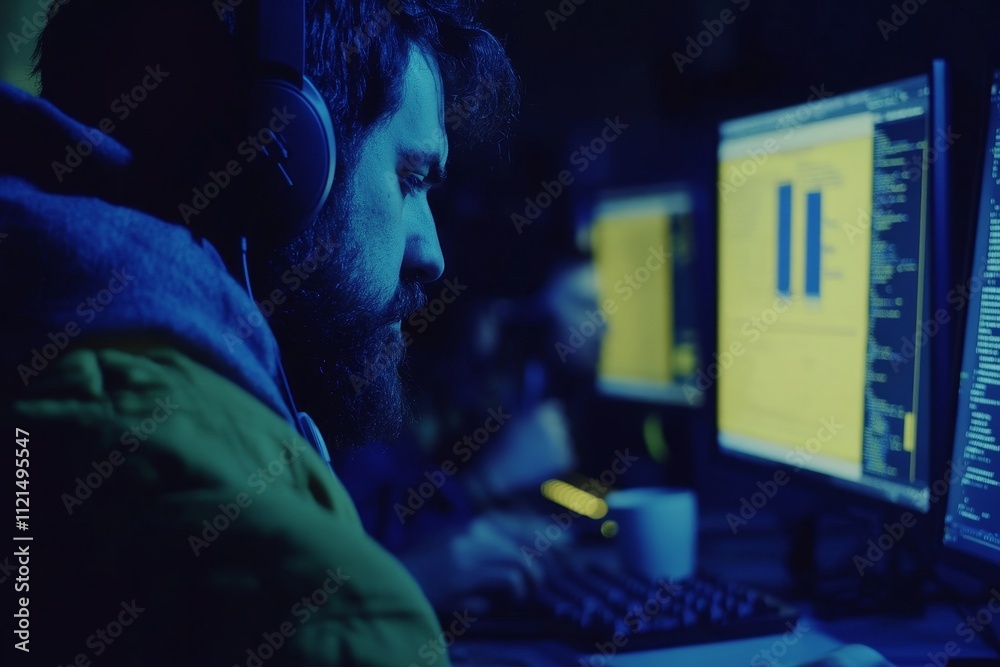 Focused Programmer Working Late at Night with Multiple Screens, Wearing Headphones in a Dark Environment Surrounded by Code and Data Visualizations Focused Programmer Working Late at Night with Multiple Screens, Wearing Headphones in a Dark Environment Surrounded by Code and Data Visualizations