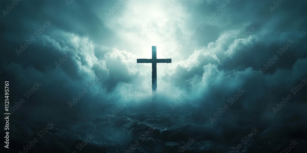 Silhouette of a Christian Cross Against a Dramatic Glowing Sky Silhouette of a Christian Cross Against a Dramatic Glowing Sky