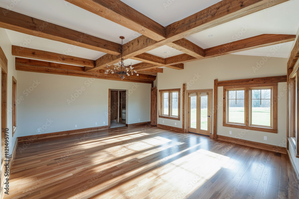 Spacious interior with wooden beams in a sunlit room Spacious interior with wooden beams in a sunlit room