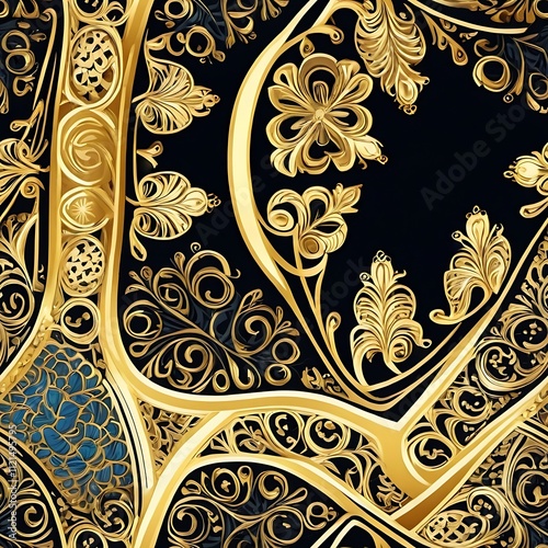 Golden Floral Pattern on Black Background: A captivating seamless pattern featuring intricate gold floral designs on a deep black background.