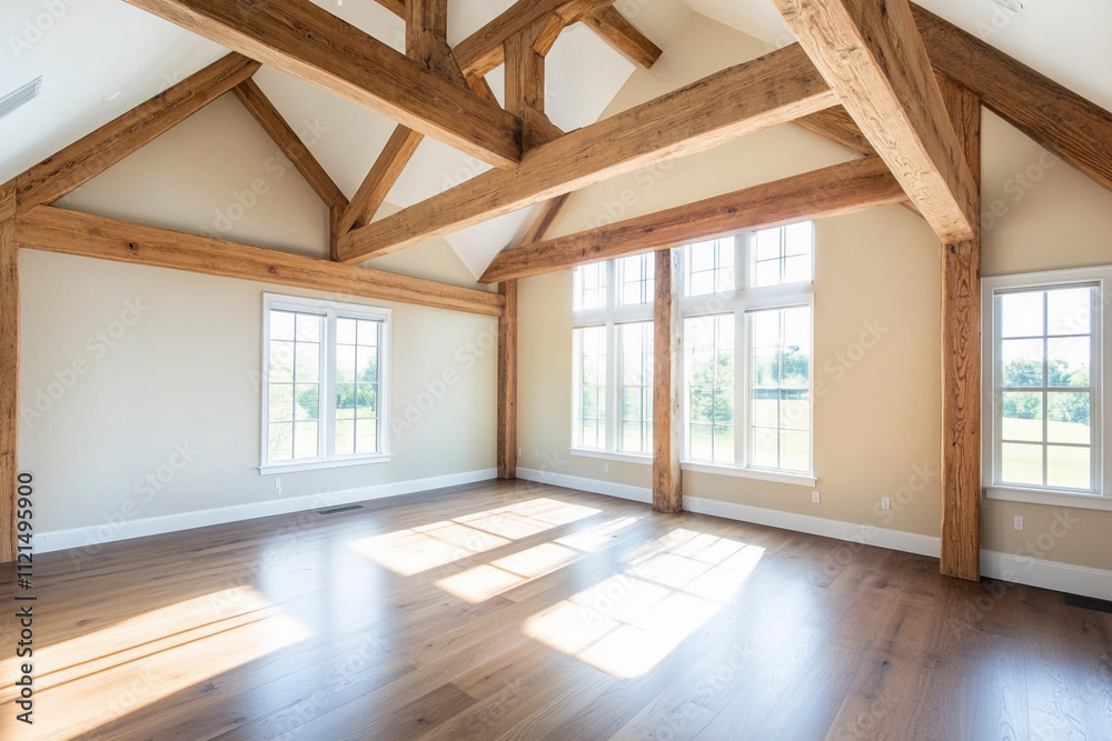Fototapeta premium Spacious interior with wooden beams and natural light