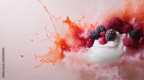 A dynamic splash of vibrant red liquid surrounds raspberries and a scoop of creamy white yogurt, creating an explosive moment of flavor and art fusion. photo