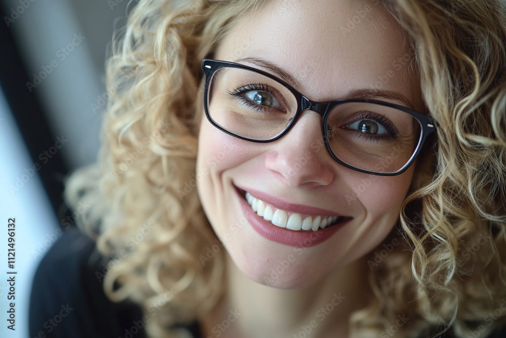Smiling woman with curly hair and glasses indoors Smiling woman with curly hair and glasses indoors