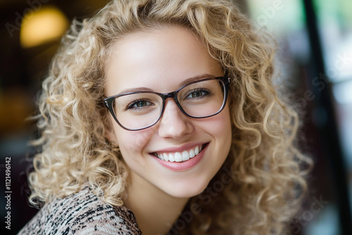 Young woman smiling with curly hair and glasses indoors