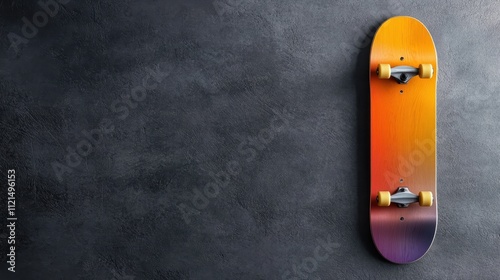 A skateboard painted in a gradient of warm colors, prominently displayed against a dark, textured backdrop, blending contemporary design with urban style. photo