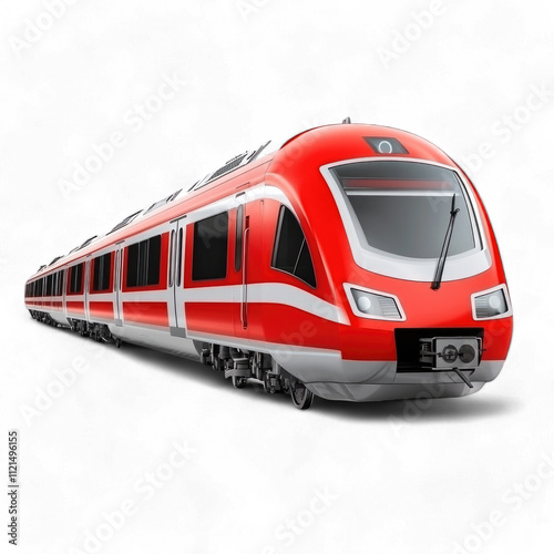 Modern red passenger train traveling on tracks at high speed isolated on transparent background cutout png