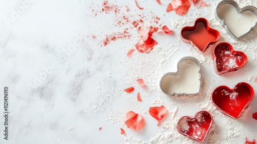 Heart-shaped cookie cutters and rose petals on floured surface photo