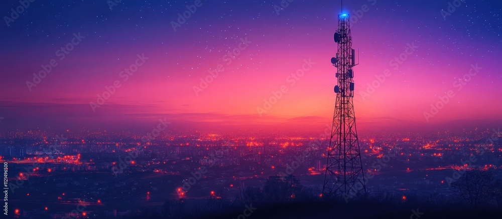 Fototapeta premium A lone communication tower stands tall against a vibrant purple and pink sunset sky, with city lights twinkling in the distance.