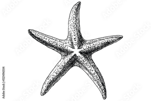 Hand-drawn starfish in black sketch effect, vintage engraving style on white background, wildlife print, trendy aquatic illustration, sea life decor, nautical art.