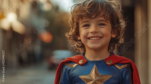 Happy little boy dressed as a superhero in a vibrant urban setting with bright sunlight