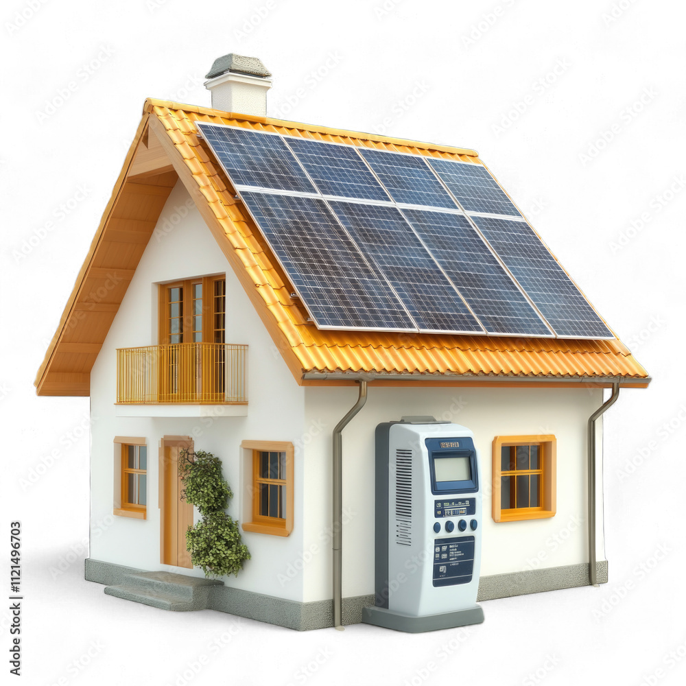 Modern house with solar panels and energy inverter on transparent background cutout png Modern house with solar panels and energy inverter on transparent background cutout png