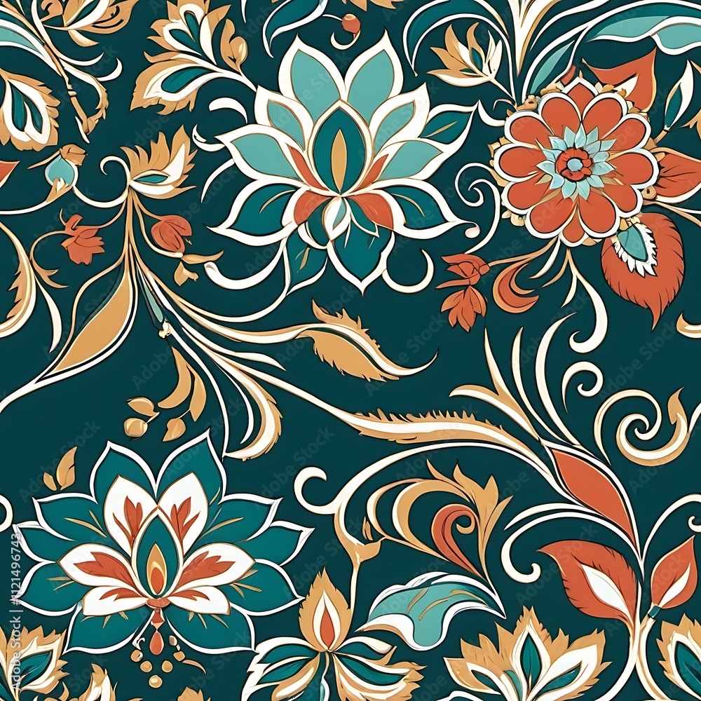 Fototapeta premium Teal and Gold Floral Pattern: A captivating seamless pattern featuring opulent teal and gold floral designs on a deep teal background. Perfect for textile prints, wallpapers, and more. 