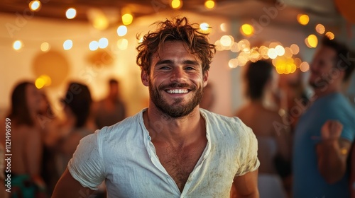 A bearded man with a carefree smile stands amidst a bustling social event outdoors, surrounded by twinkling lights and people enjoying the lively atmosphere. photo