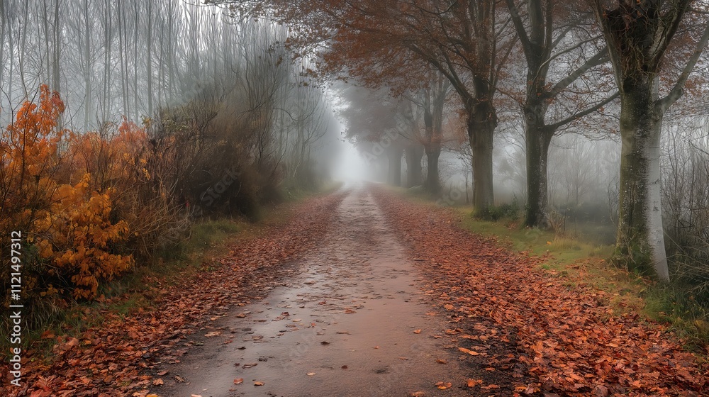 Obraz premium A serene, foggy pathway lined with trees, adorned with autumn leaves in shades of brown and gold