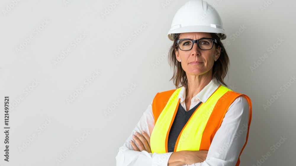 Confident middle-aged female wearing safety gear in a professional setting