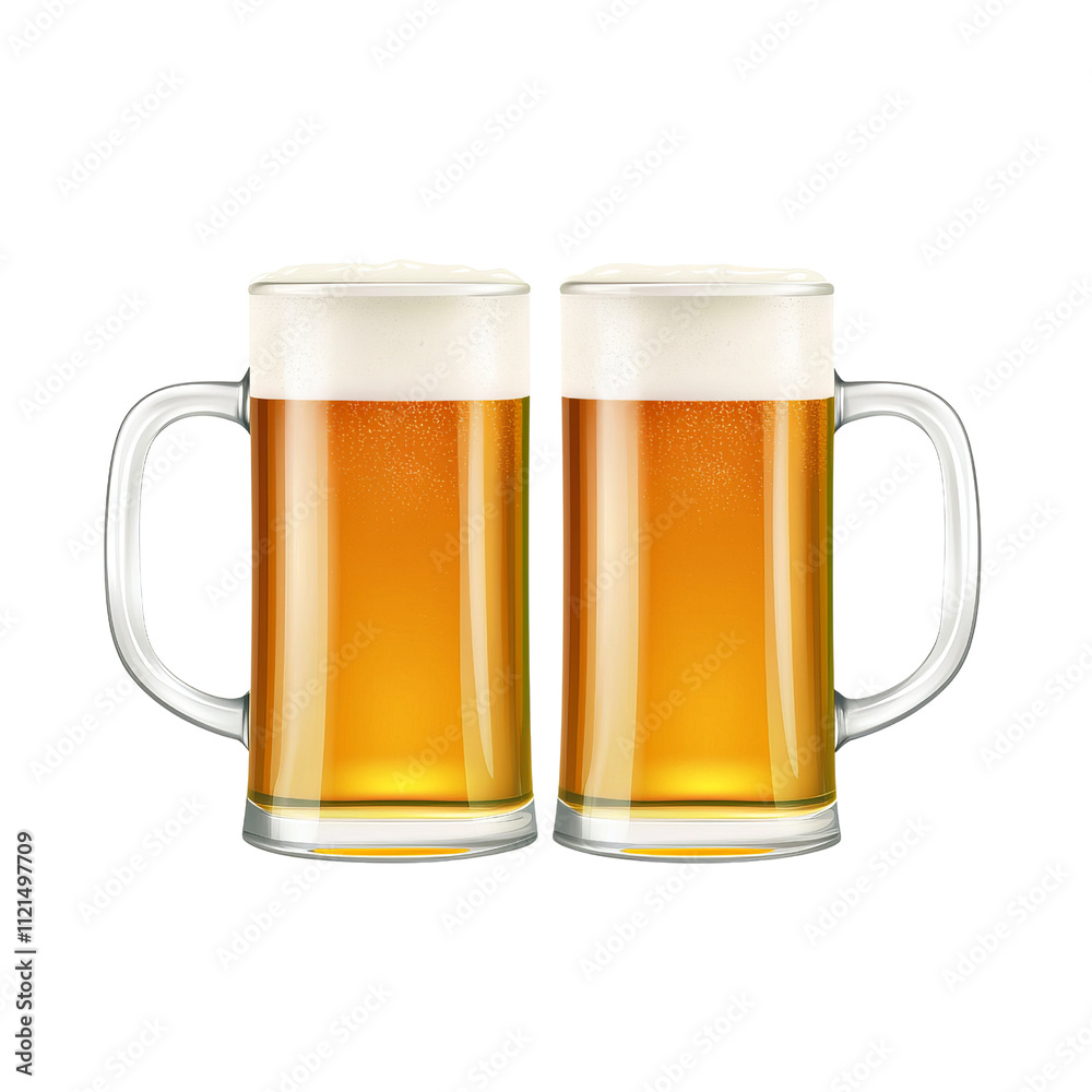 Two frothy beer mugs filled with golden beer, placed side by side on transparency background Two frothy beer mugs filled with golden beer, placed side by side on transparency background
