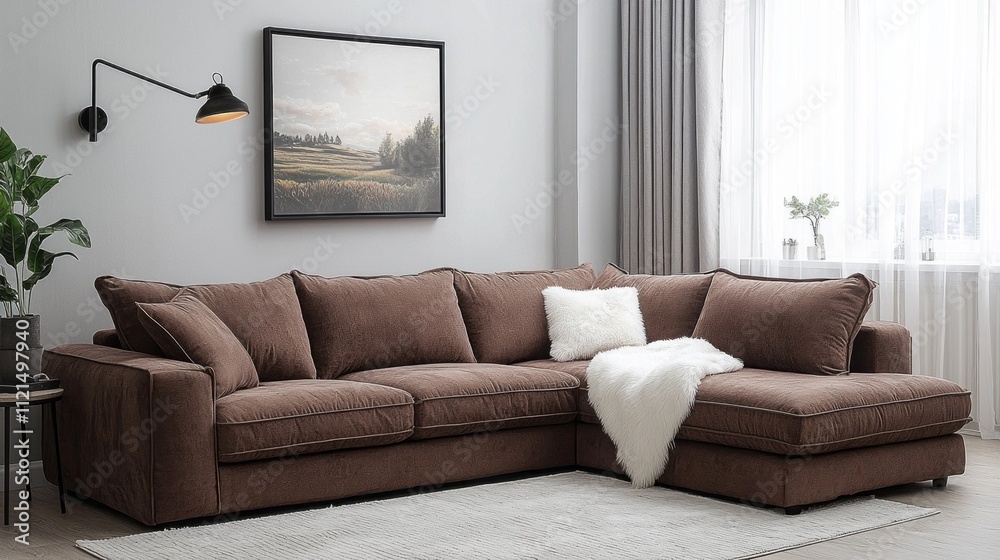 Fototapeta premium This modern living space showcases a large, comfortable brown corner sofa paired with a cozy throw, under soft natural light