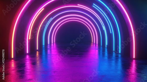 Neon arches illuminate a reflective surface creating a vibrant tunnel