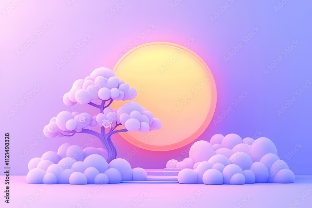 Pastel-colored 3D rendering of a stylized tree, clouds, and sun. Pastel-colored 3D rendering of a stylized tree, clouds, and sun.