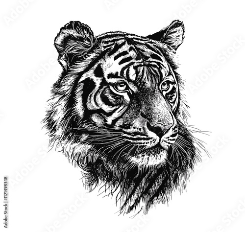 Fierce tiger illustration, vintage art, black sketch, old engraving style, predator print design, antique style, wildlife vector, trendy illustration, wildlife sketch art.