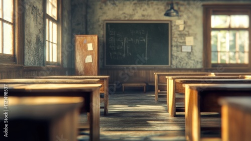 Abandoned classroom with wooden desks and chalkboard. Concept of education and nostalgia.