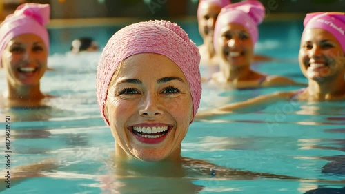 Group of women enjoying synchronized swimming in a bright indoor pool during a sunny afternoon